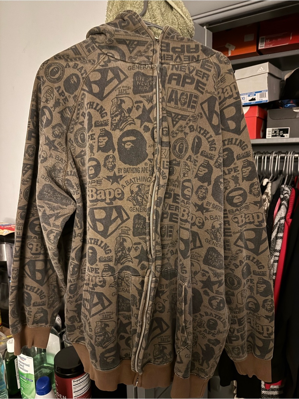 BAPE Brown Logo Print Zip-Up Bomber Jacket with Cream Lining